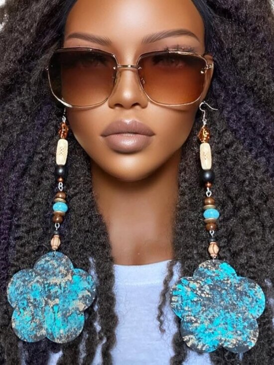 Handmade Jewelry - Elongated Dangle Earrings Wooden Flowers Aqua Multi by Razonda Lee